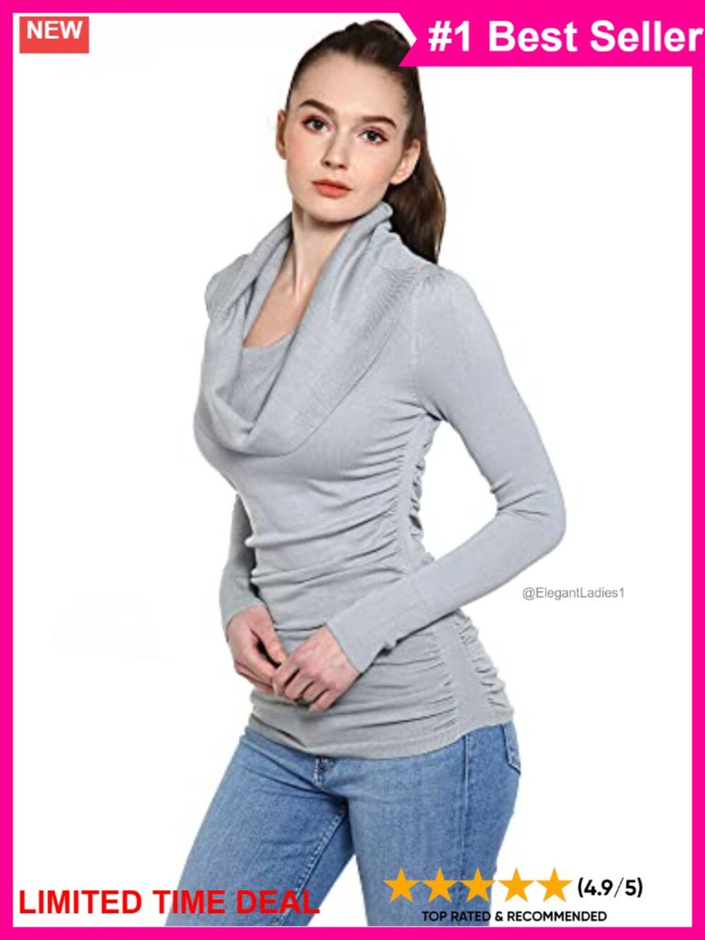 Slim Fit Cowl Neck Long Sleeve Ruched Pullover Tunic Sweater